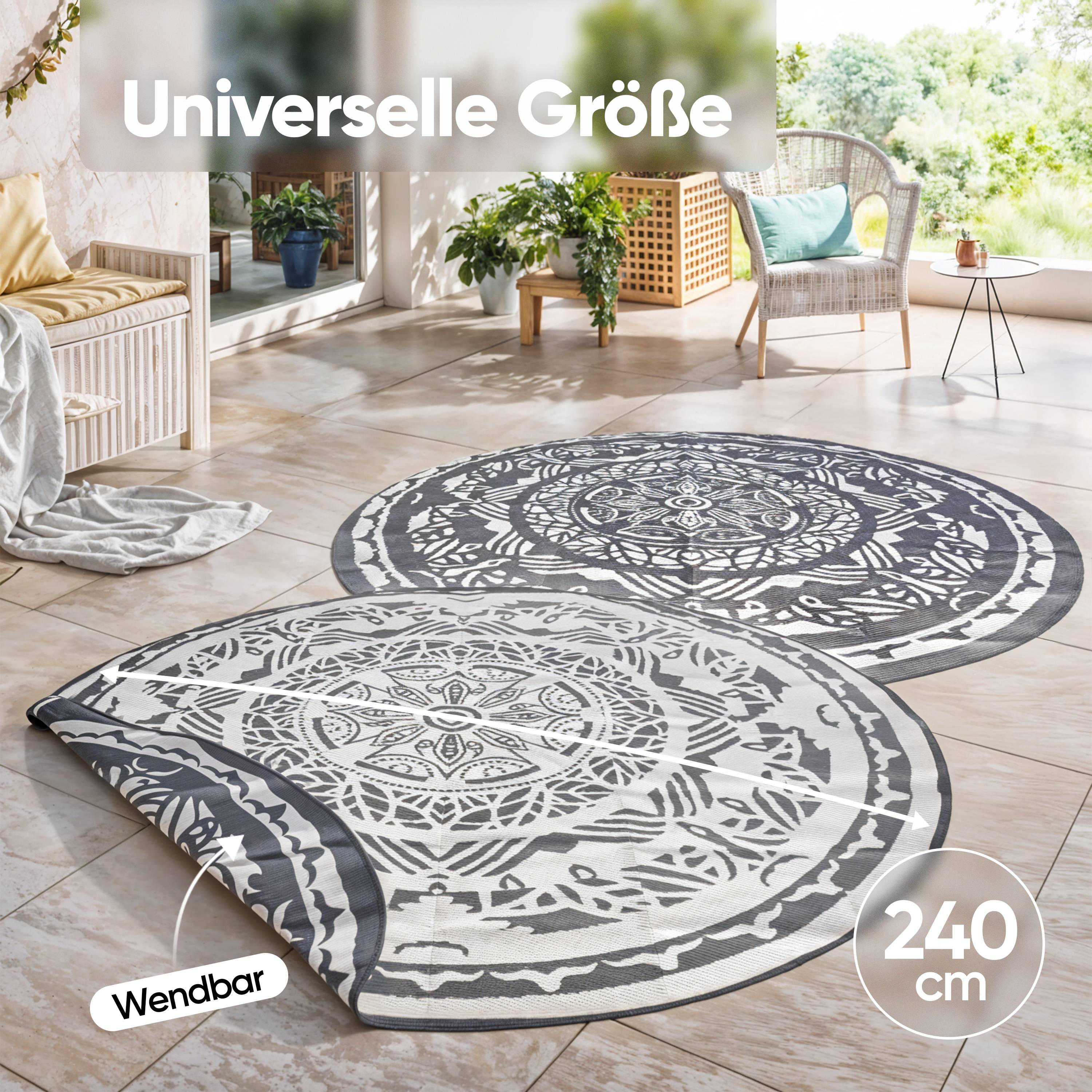 EVOCAMP Teppich für draußen wetterfest rund 240 cm, grau-weiß, pflegeleicht und tragbar, ideal für Terrasse, Camping, Garten, Wohnmobil