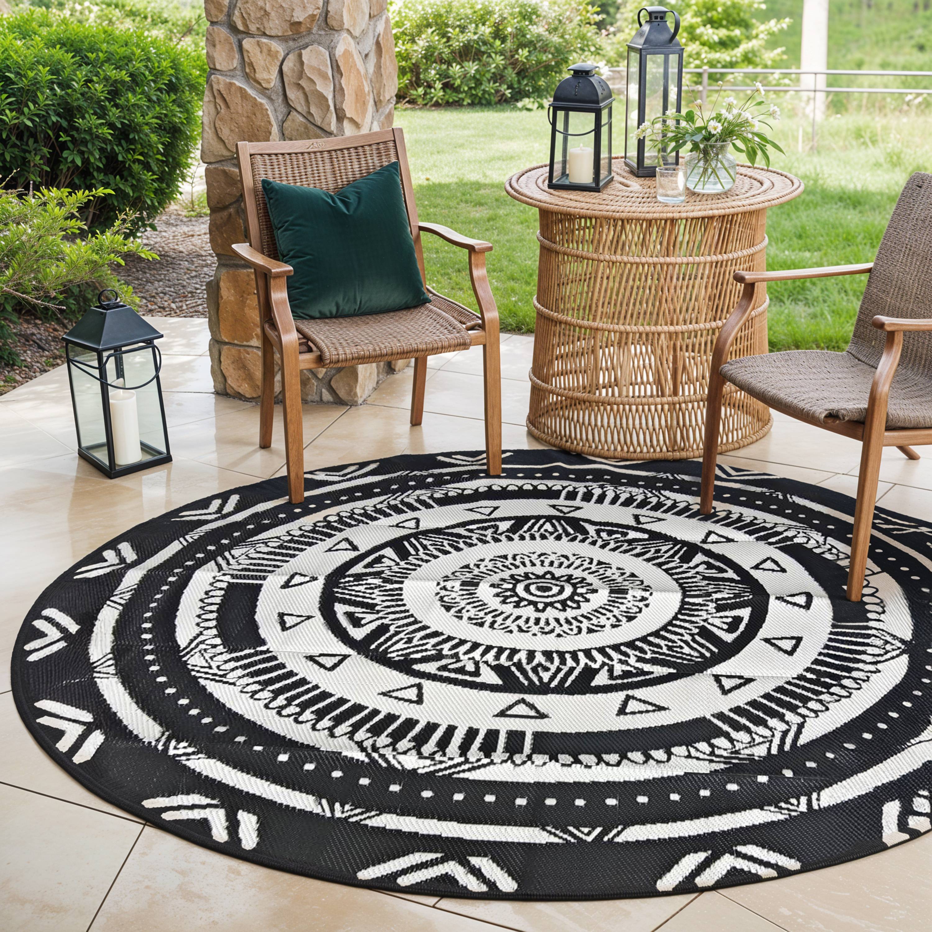 EVOCAMP Teppich für draußen wetterfest rund 240 cm, schwarz-weiß, pflegeleicht und tragbar, ideal für Terrasse, Camping, Garten, Wohnmobil