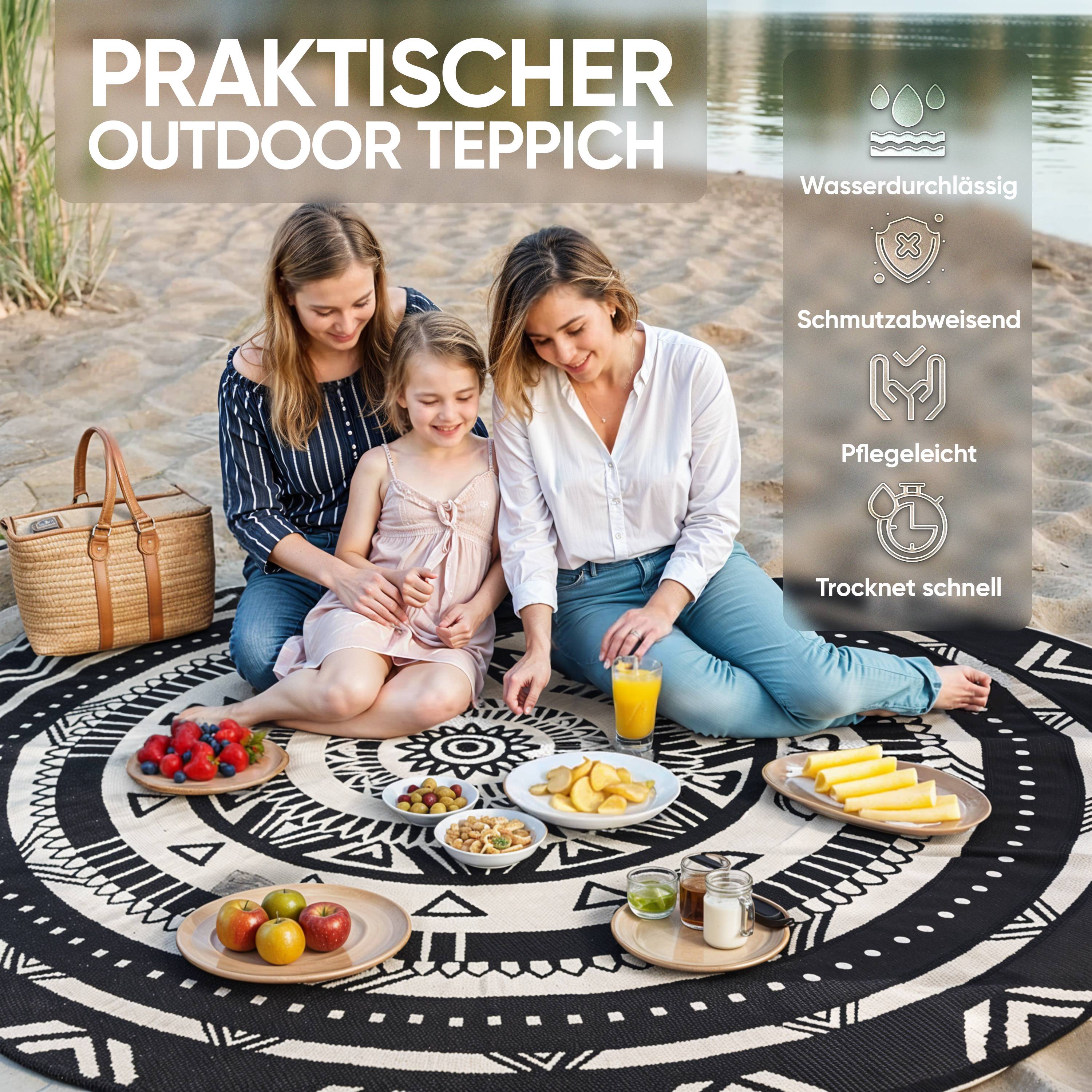 EVOCAMP Teppich für draußen wetterfest rund 240 cm, schwarz-weiß, pflegeleicht und tragbar, ideal für Terrasse, Camping, Garten, Wohnmobil