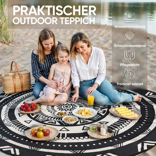 EVOCAMP Teppich für draußen wetterfest rund 240 cm, schwarz-weiß, pflegeleicht und tragbar, ideal für Terrasse, Camping, Garten, Wohnmobil EVOCAMP Teppich für draußen wetterfest rund 240 cm, schwarz-weiß, pflegeleicht und tragbar, ideal für Terrasse, Camping, Garten, Wohnmobil