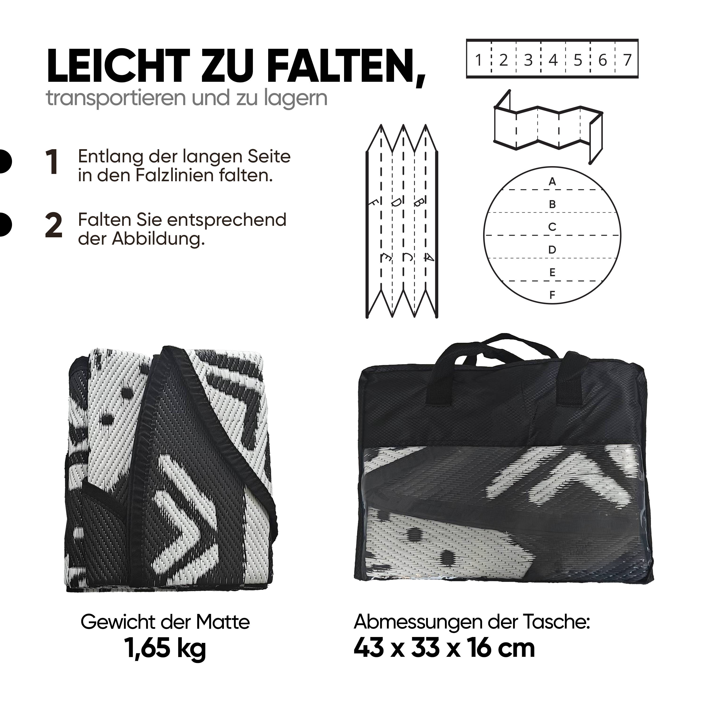 EVOCAMP Teppich für draußen wetterfest rund 240 cm, schwarz-weiß, pflegeleicht und tragbar, ideal für Terrasse, Camping, Garten, Wohnmobil
