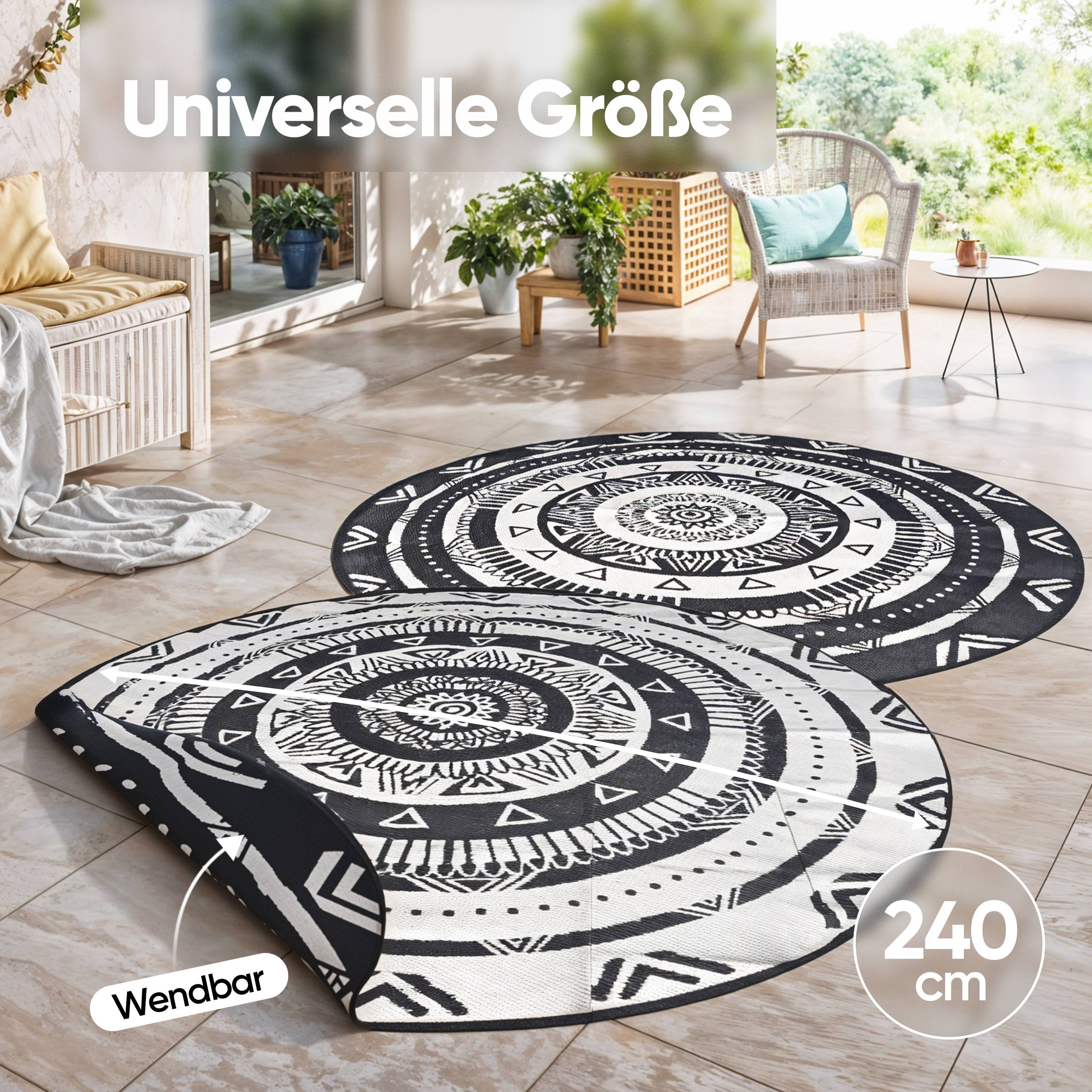 EVOCAMP Teppich für draußen wetterfest rund 240 cm, schwarz-weiß, pflegeleicht und tragbar, ideal für Terrasse, Camping, Garten, Wohnmobil