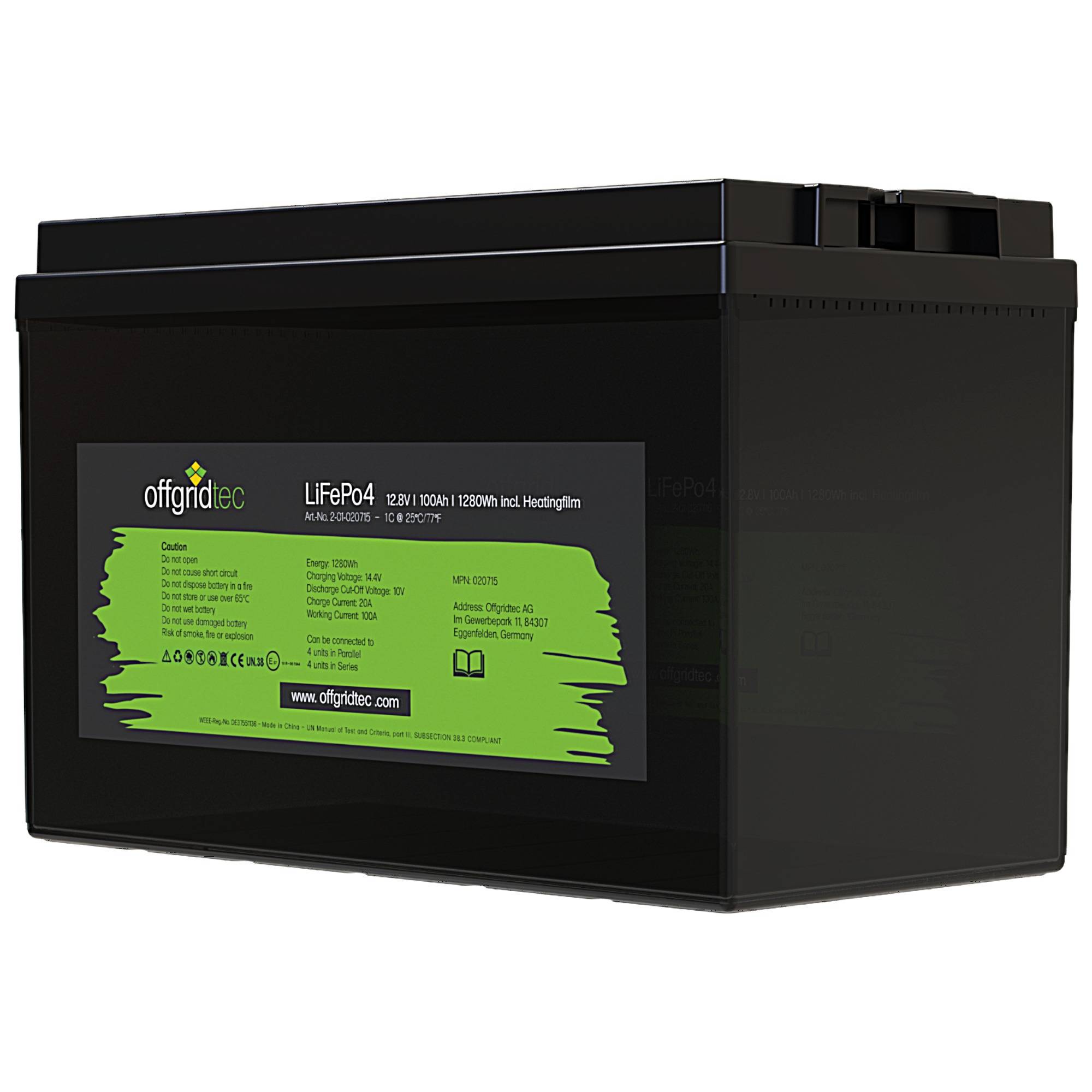 Schwarzes offgridtec LifePo4-Batteriepaket mit grünem Produktetikett auf weißem Hintergrund dargestellt.
