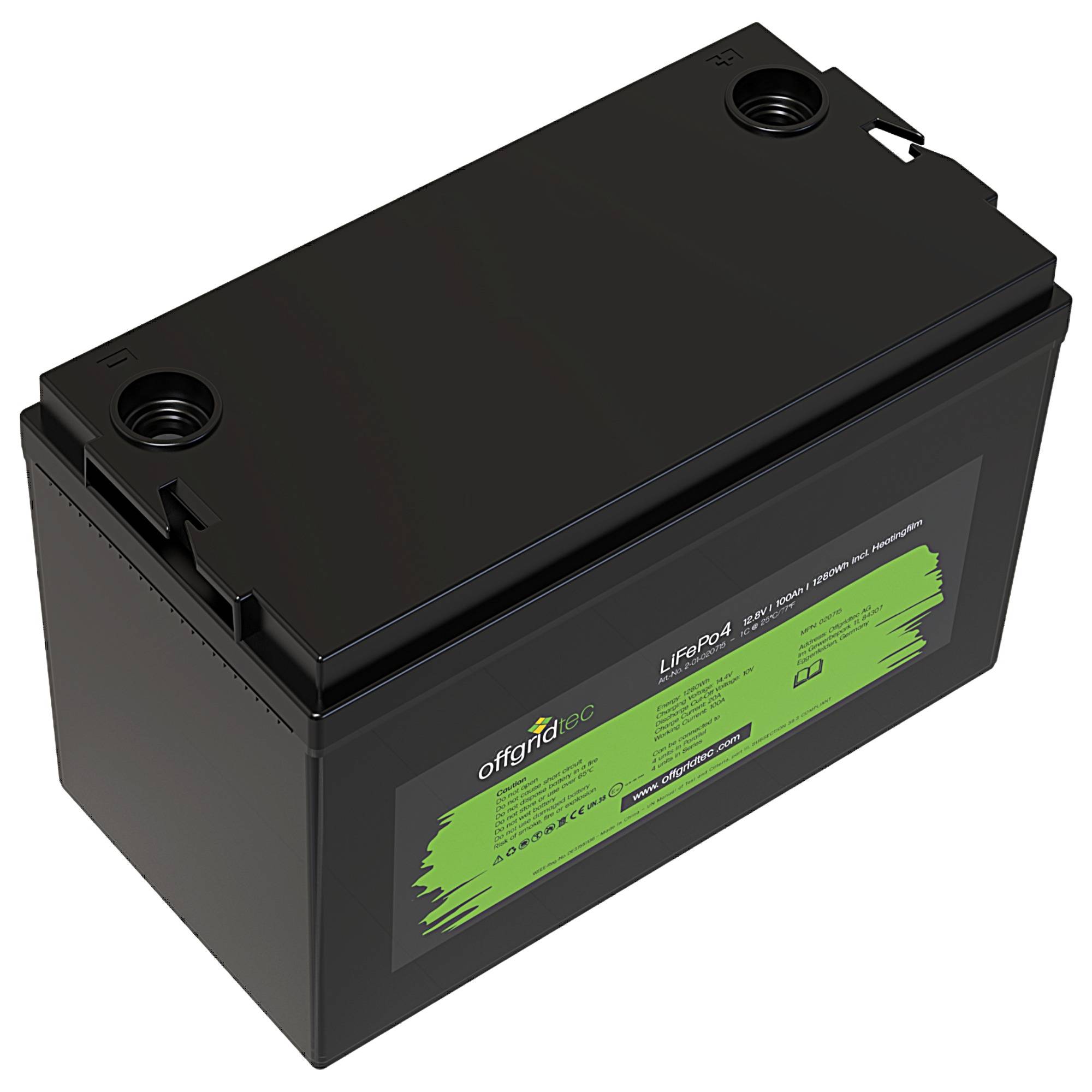 Schwarze rechteckige LiFePO4-Batterie mit grünem Etikett und oberen Anschlüssen, auf weißem Hintergrund dargestellt.