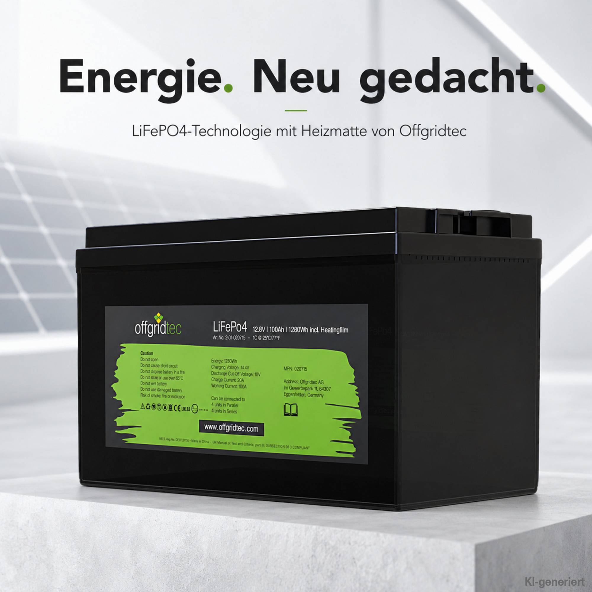 Werbebild einer Offgridtec LiFePO4-Batterie mit Heizmatte, gekennzeichnet mit „Energie. Neu gedacht.