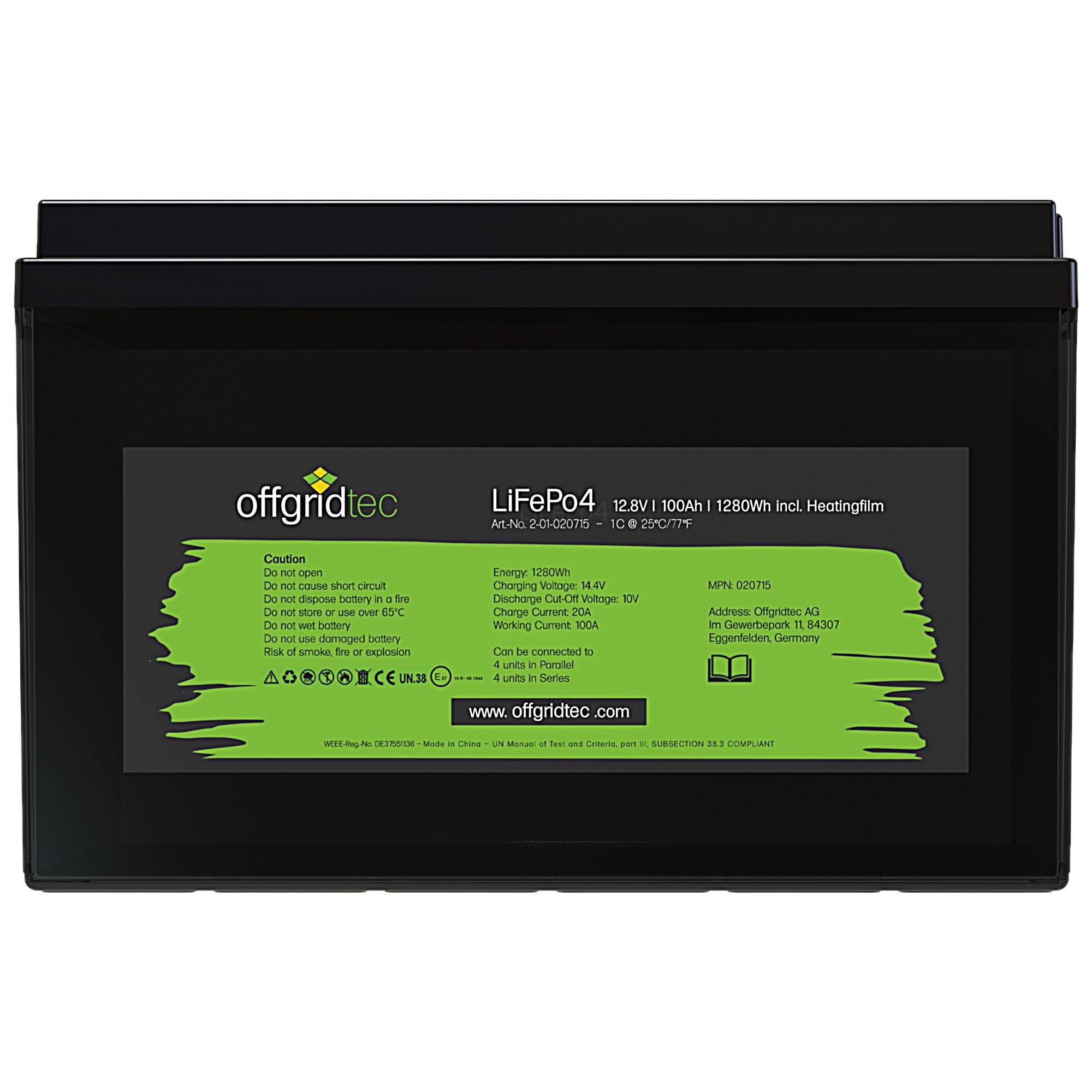 Schwarzes Offgridtec LiFePo4-Batteriepaket mit der Bezeichnung 12,8V 100Ah, 1280Wh, mit Warn- und Spezifikationstext auf dem vorderen Etikett.