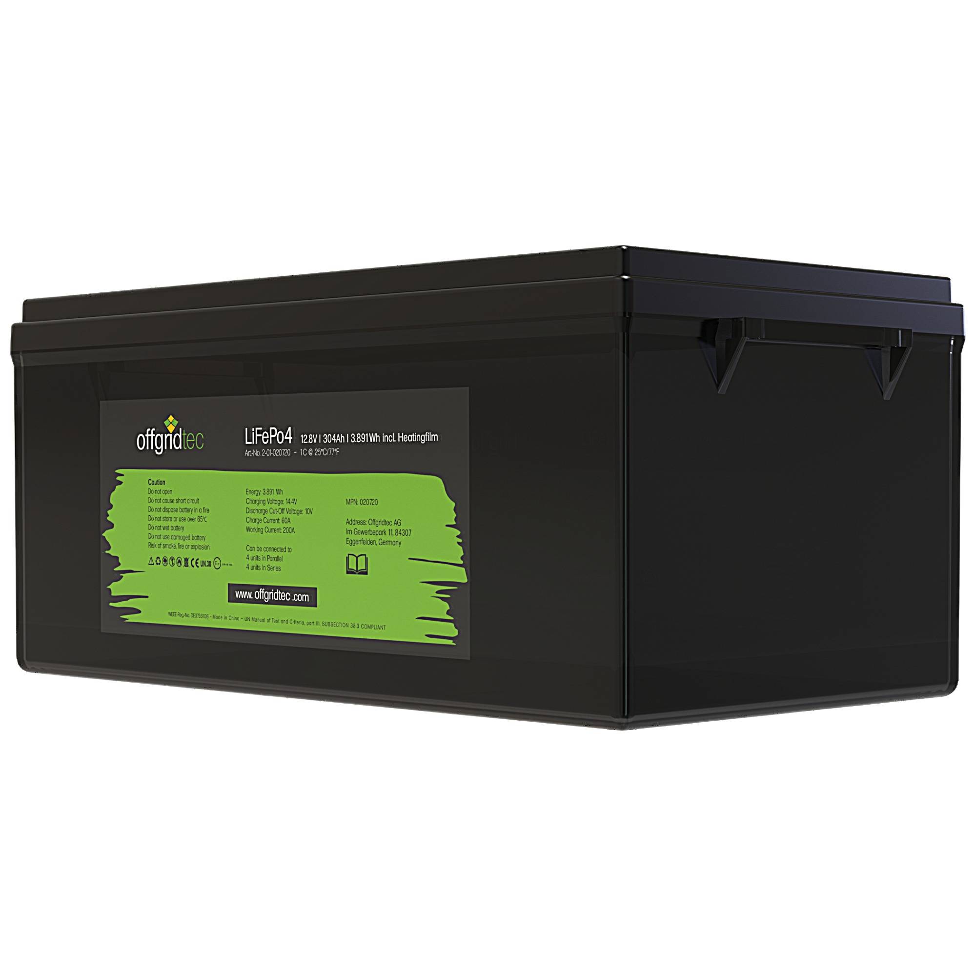 Schwarze rechteckige Offgridtec LiFePO4-Batteriegehäuse mit grünem Produktetikett auf der Vorderseite.