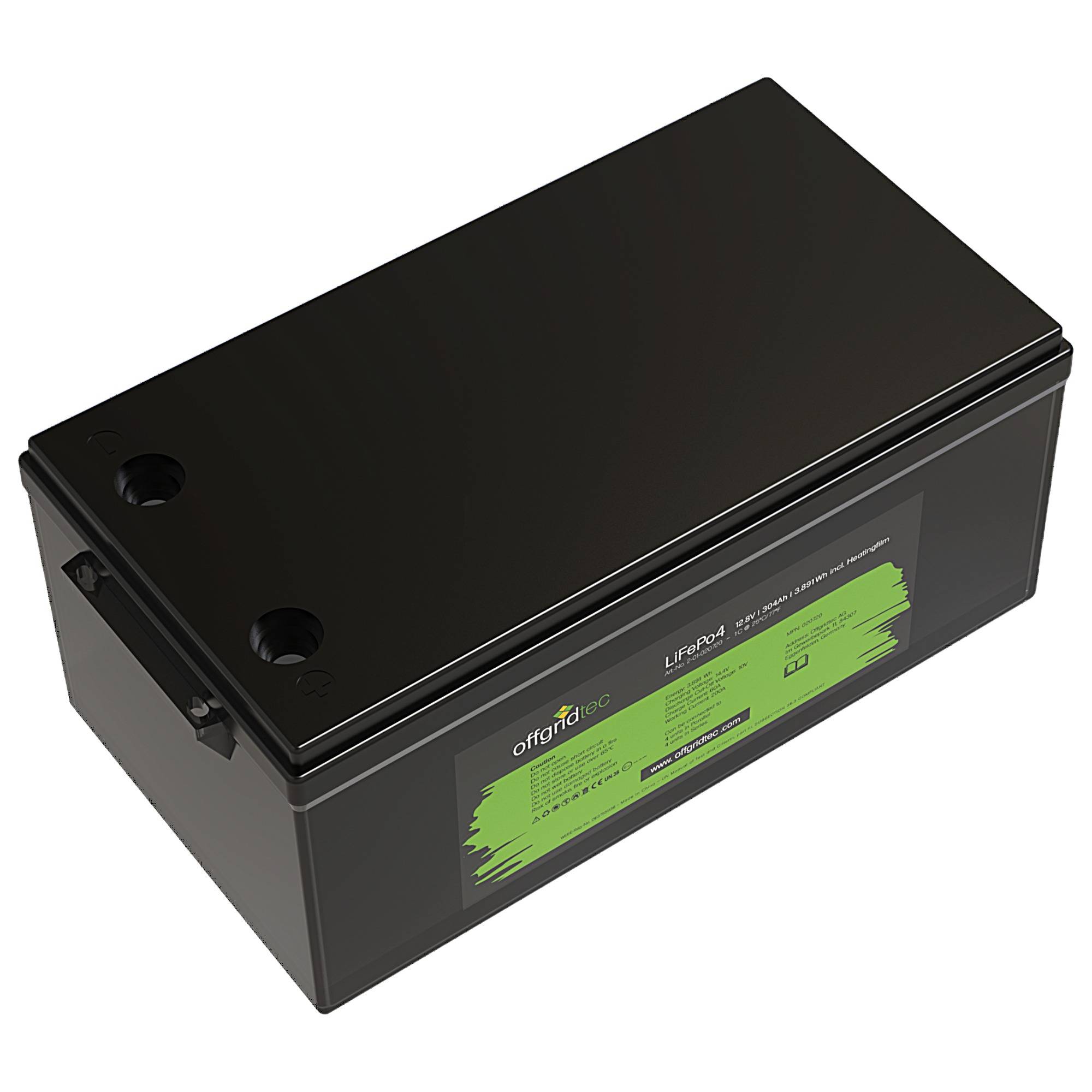 Schwarze rechteckige Batteriebatterie mit Anschlussterminals und einem grünen Etikett an der Seite, gezeigt vor weißem Hintergrund.