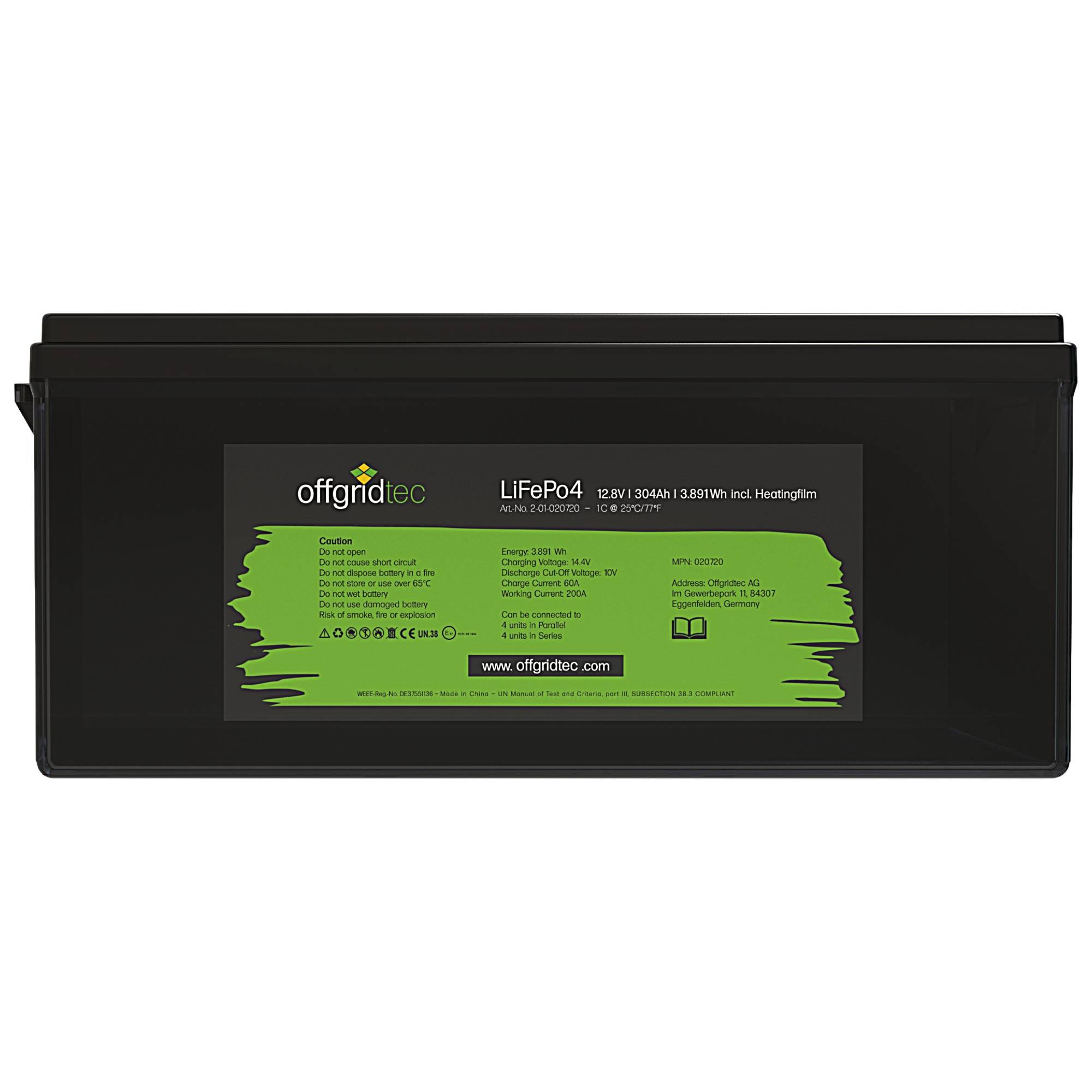 Schwarzes offgridtec LiFePO4-Batteriepack mit grünem Produktetikett, frontal vor weißem Hintergrund gezeigt.