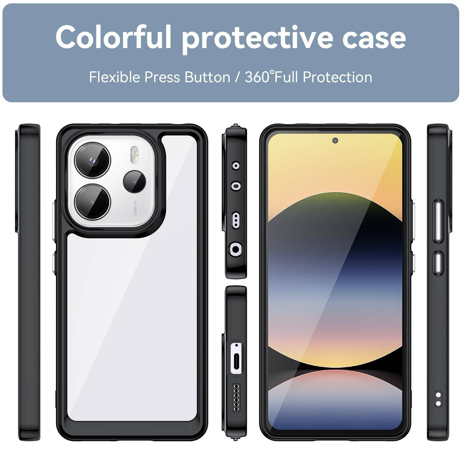 Für Xiaomi Redmi Note 14 4G Colorful Serie TPU Acryl Hybrid Schutz Hülle Schwarz