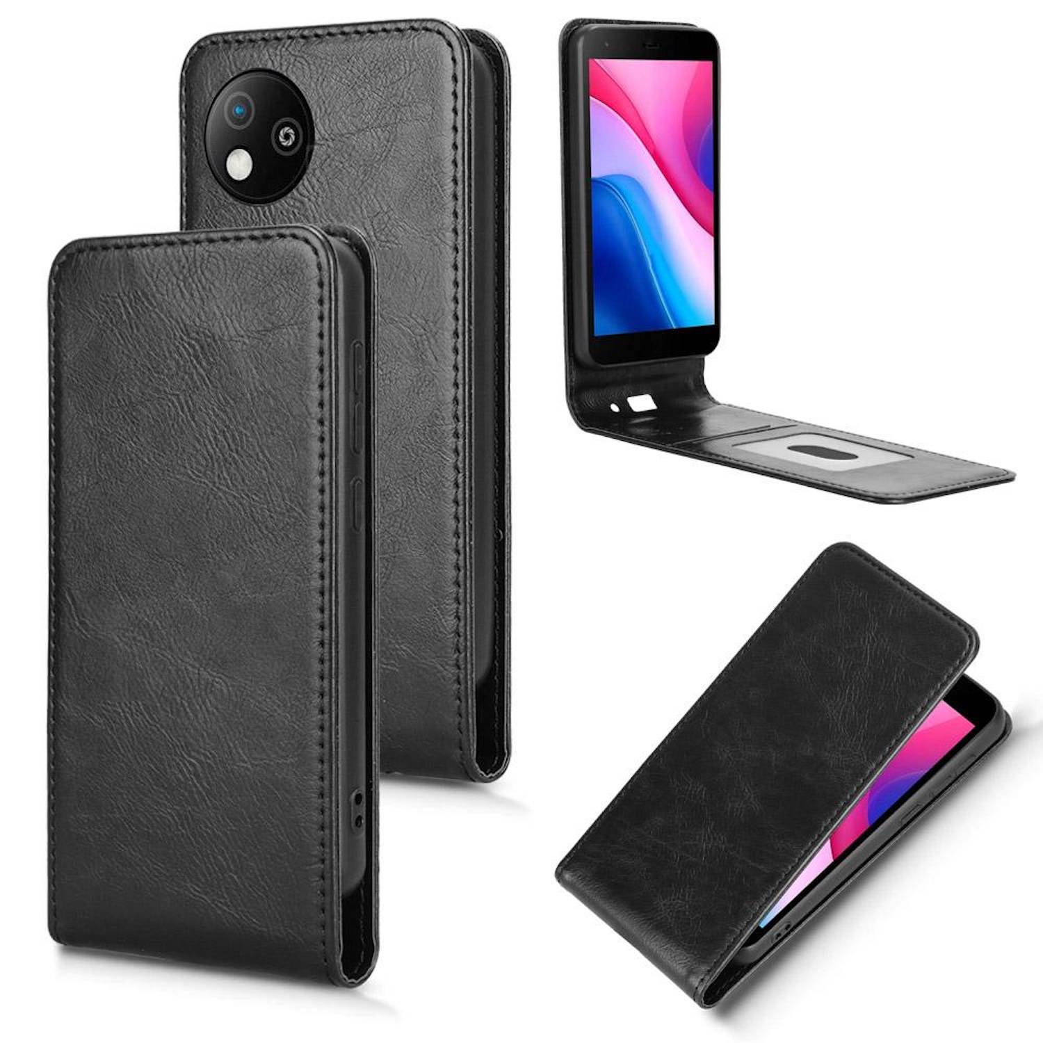 Für ZTE Blade A35 Lite Vertikale Kunstleder Flip Handy Tasche Hülle Case Schwarz