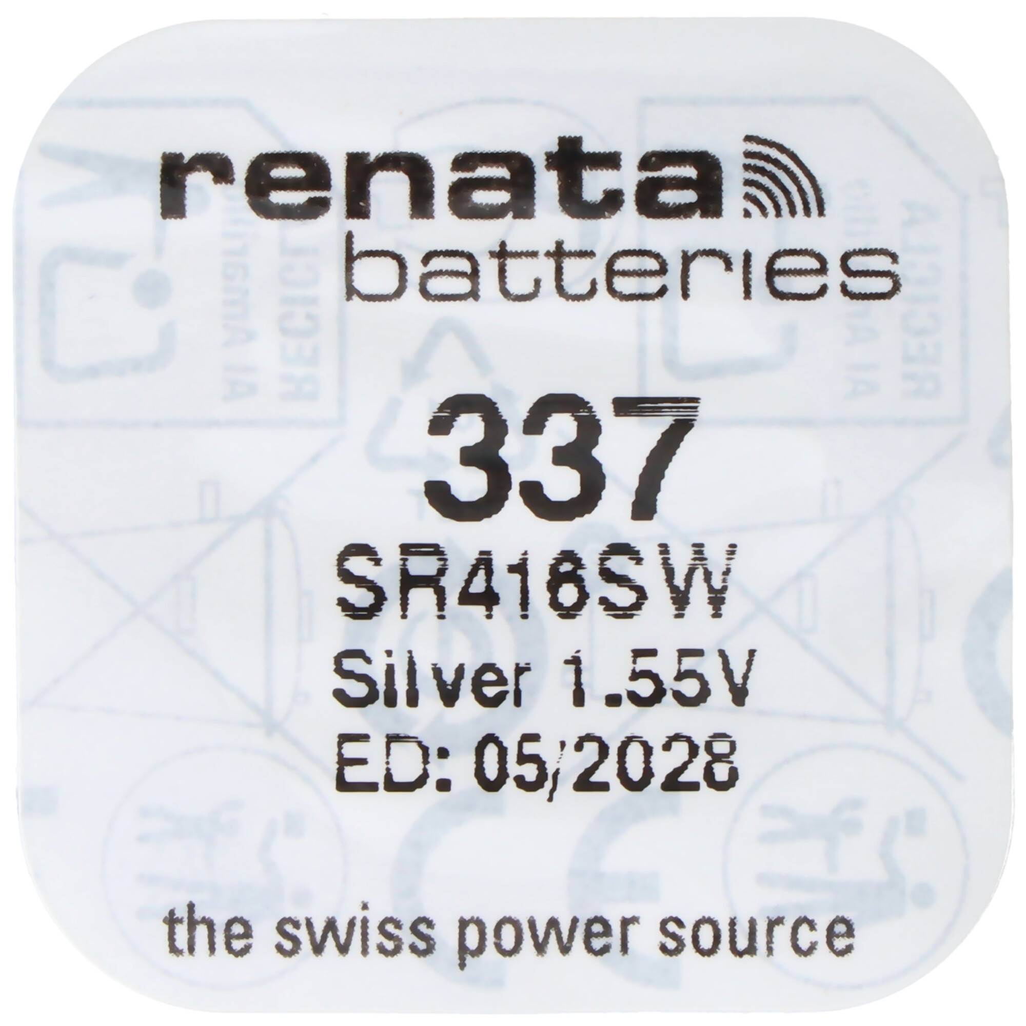 Renata Batterien 337 SR416SW Silber 1,55V MHD: 05/2028' auf einer Batteriepackung mit Logo und Claim 'die Schweizer Energiequelle'.