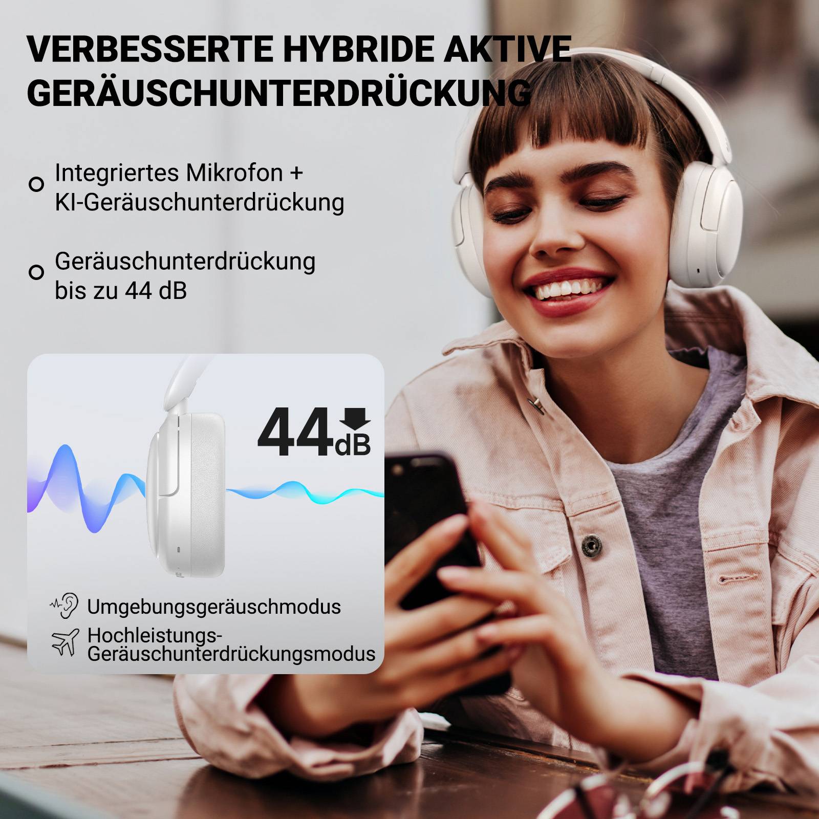 Edifier V80 Hybrid Kopfhörer mit aktiver Geräuschunterdrückung, Echtes drahtloses Over-Ear-Bluetooth Kopfhörer Hi-Res Aud - Elfenbein