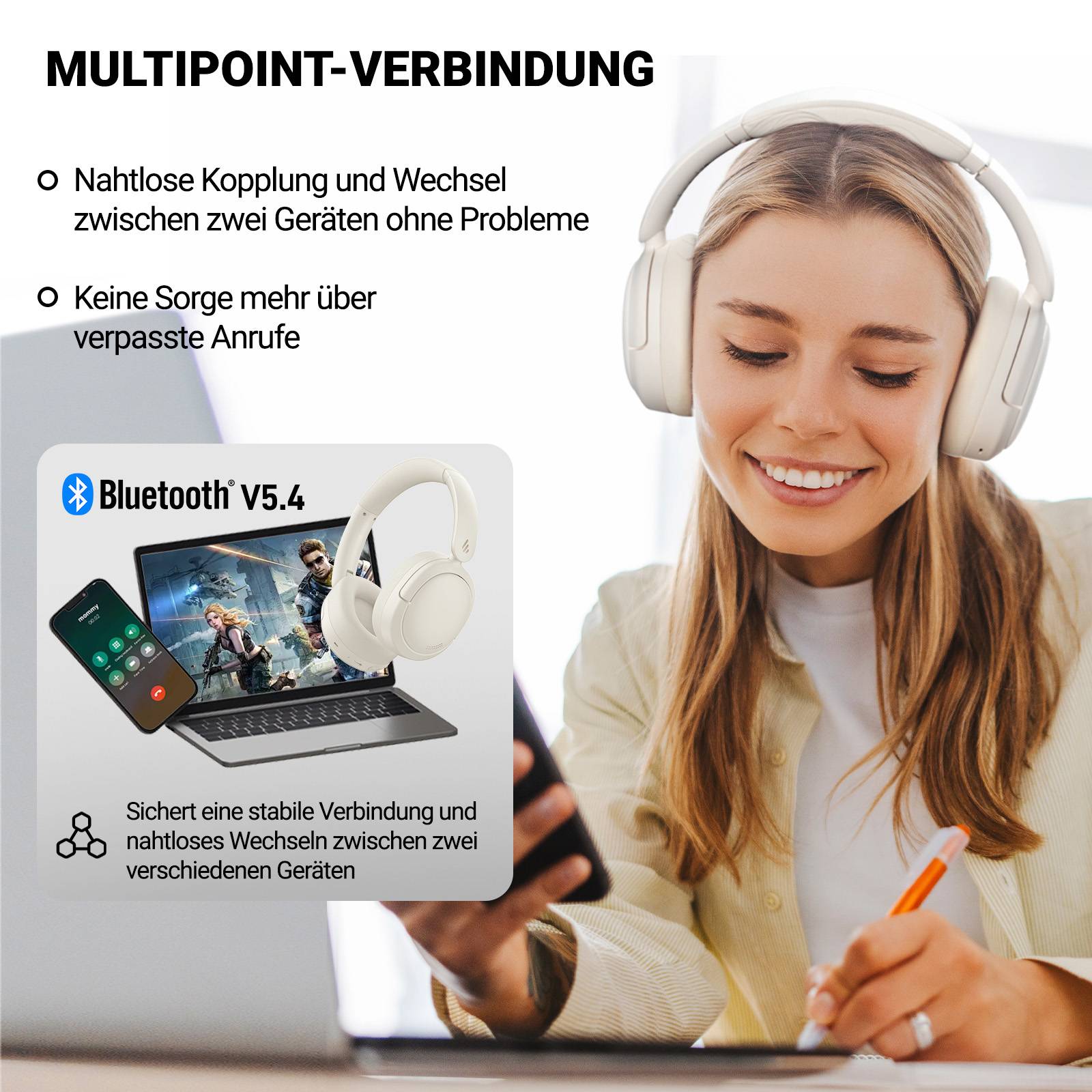 Edifier V80 Hybrid Kopfhörer mit aktiver Geräuschunterdrückung, Echtes drahtloses Over-Ear-Bluetooth Kopfhörer Hi-Res Aud - Elfenbein