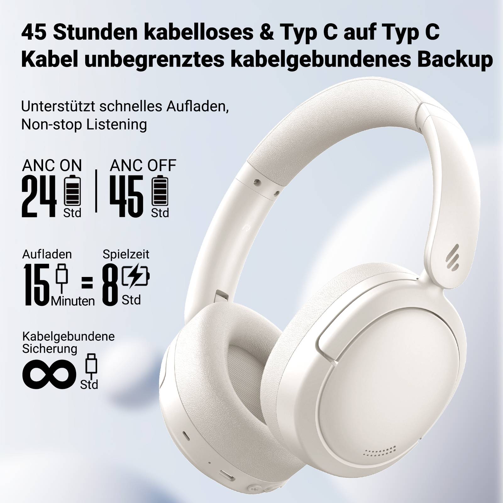 Edifier V80 Hybrid Kopfhörer mit aktiver Geräuschunterdrückung, Echtes drahtloses Over-Ear-Bluetooth Kopfhörer Hi-Res Aud - Elfenbein