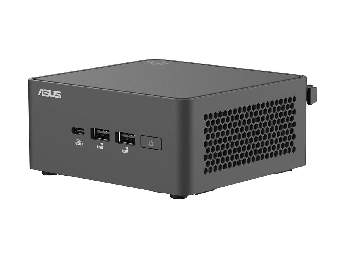 Kleiner schwarzer Asus Mini-PC mit Lüftungslöchern, zwei USB-Anschlüssen, einem USB-C-Anschluss und einem Einschaltknopf auf der Frontblende.
