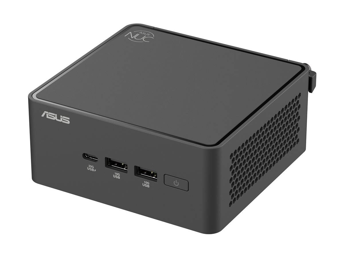 Kompakter Mini-PC mit mehreren USB-Anschlüssen und Einschaltknopf auf der Frontblende, konzipiert für effizientes Computing in kleinen Räumen.