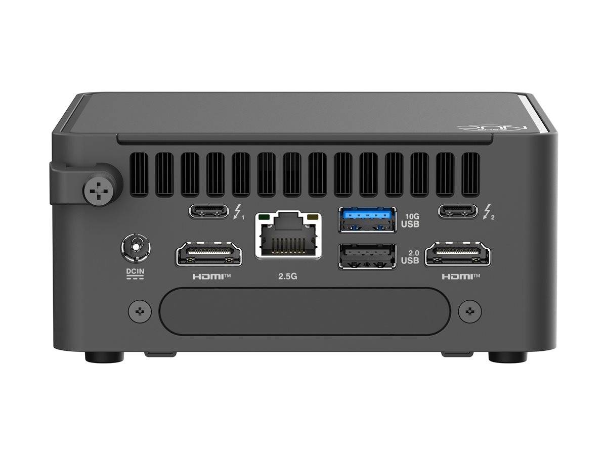 Ein kompaktes PCs Rückseite, die verschiedene Anschlüsse präsentiert: zwei HDMI, zwei USB (10G und 2.0), Ethernet, zwei Thunderbolt und einen Stromeingang.