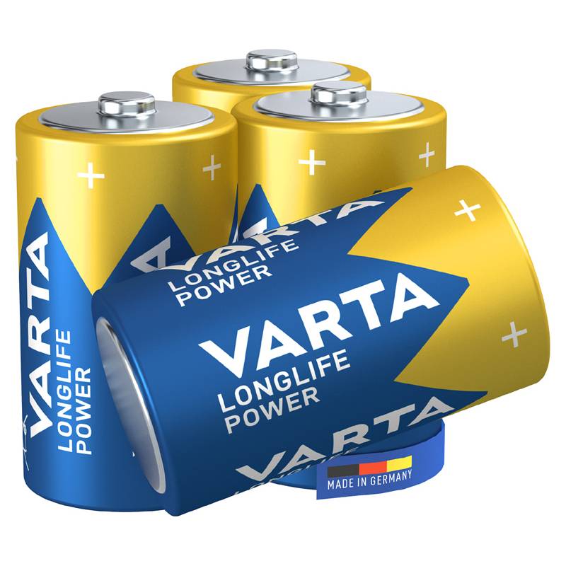 Varta Longlife Power Batterien in einer Anordnung, bestehend aus drei aufrecht stehenden und einer geneigten Batterie, mit blau-gelber Gestaltung, mit dem Aufdruck „Made in Germany
