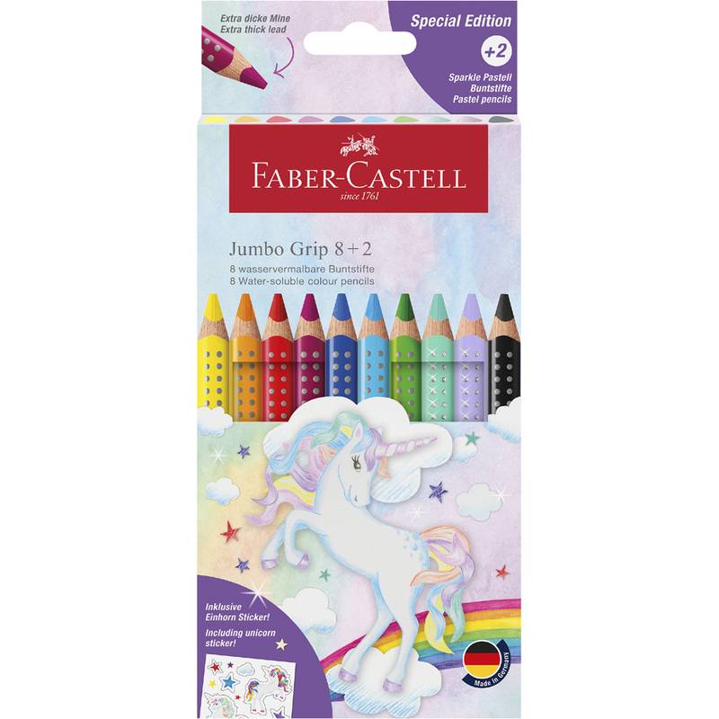Faber-Castell Jumbo Grip Buntstifte-Set mit 8 wasserlöslichen Buntstiften und 2 Extras; enthält Pastelltöne und ein Einhorn-Design.