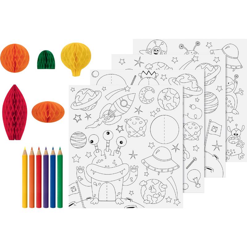 Malset mit weltraum-thematischen Blättern, die Planeten und Außerirdische zeigen, inklusive Buntstiften und Wabenpapier-Dekorationen.