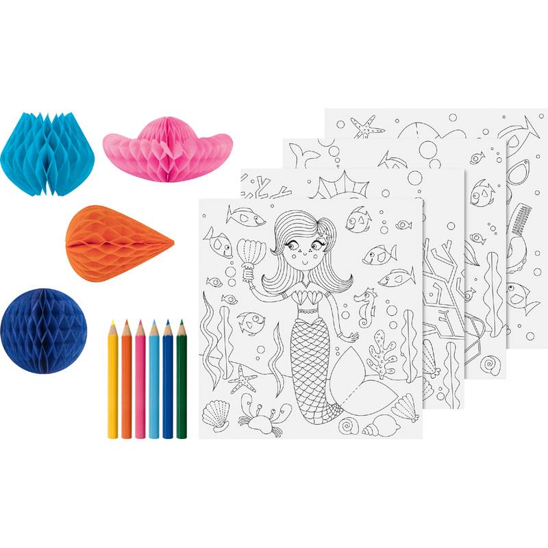 Malvorlagen mit einer Meerjungfrau mit Fischen, umgeben von blauen, rosa und orangefarbenen Wabendekoration, neben bunten Buntstiften.