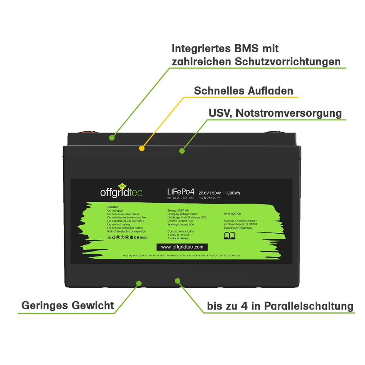 Offgridtec LiFePO4 Akku 25,6/50 24V 50Ah BMS integriert 1280Wh