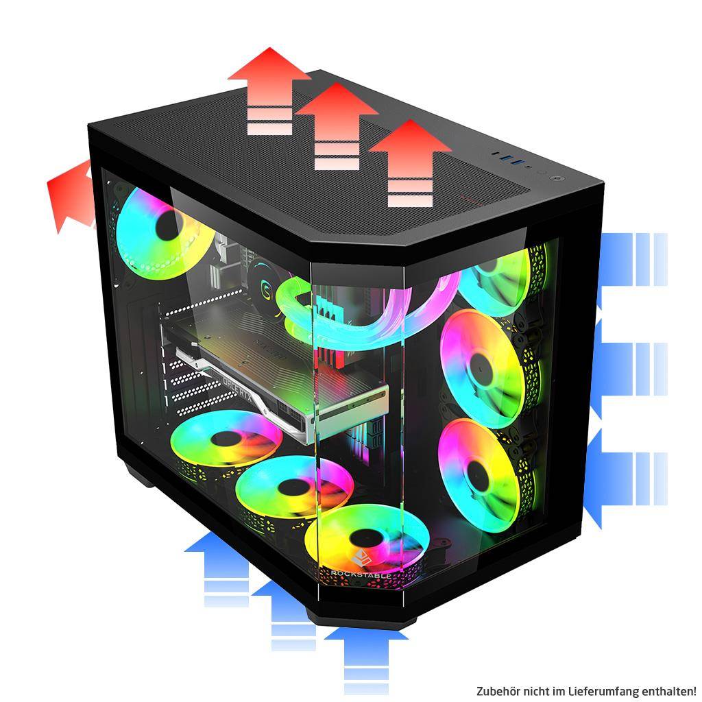Rockstable Stonecliff Computer Case ATX, mATX, ITX 180° Glas Panorama | Unterstützt Mainboards mit h