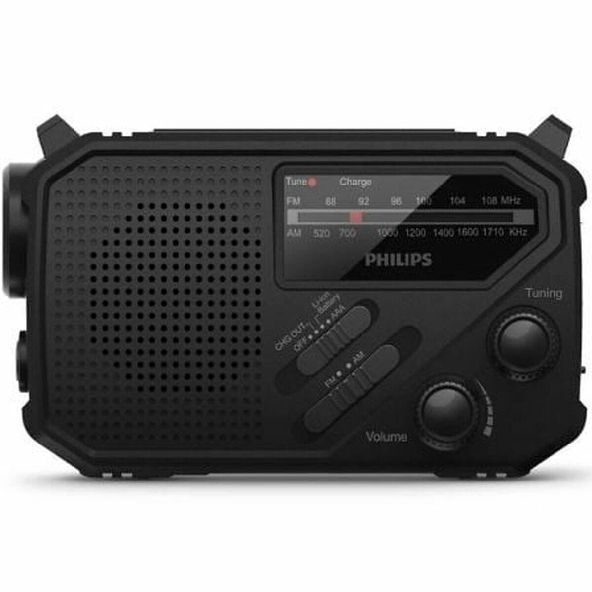 Tragbares schwarzes Philips-Radio mit Lautsprechergitter, AM/FM-Skala und Abstimm- sowie Lautstärkereglern auf der Vorderseite.