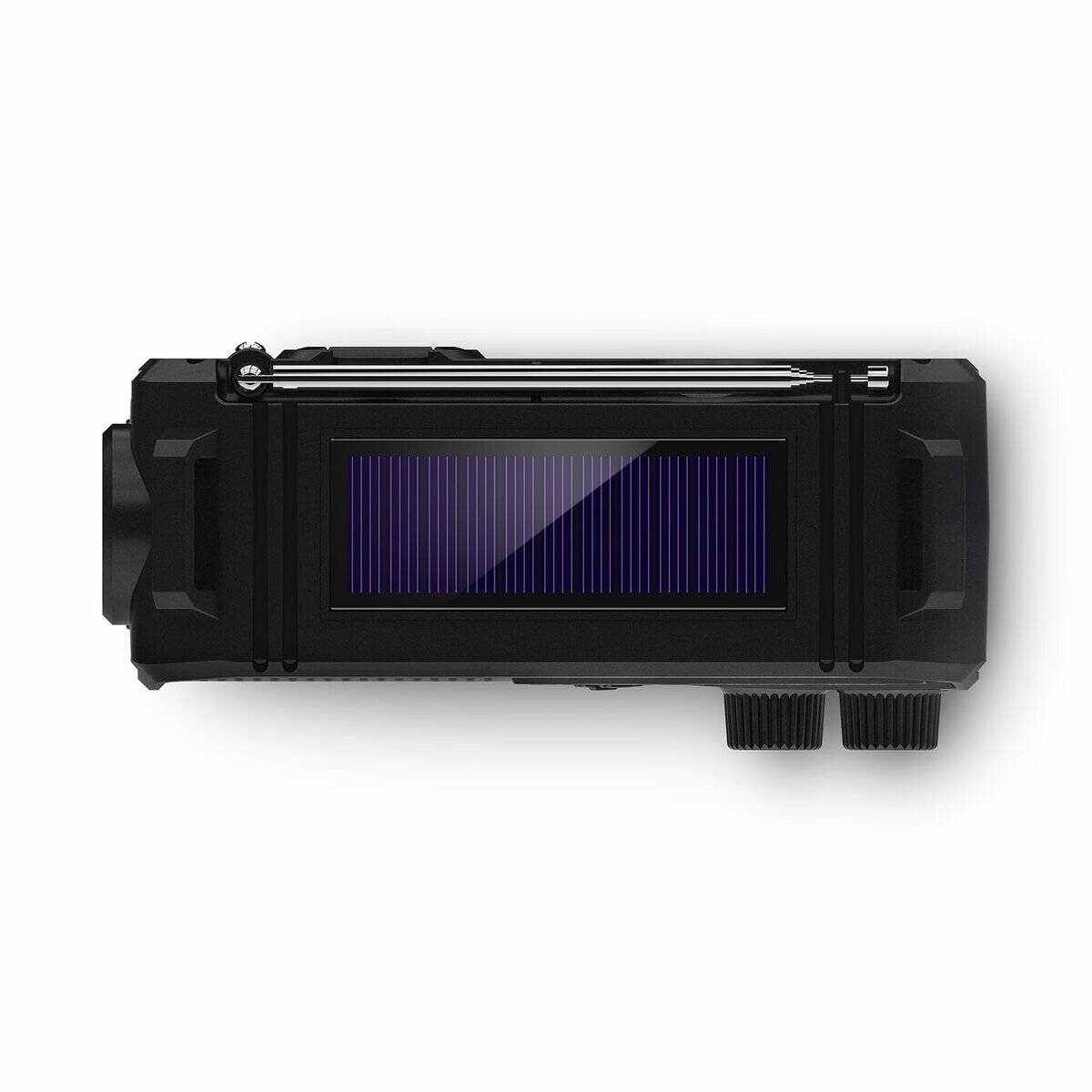 Schwarzes rechteckiges, solarbetriebenes Gerät mit einem blauen Solarpanel auf weißem Hintergrund, wahrscheinlich ein tragbares Ladegerät oder eine Lampe.