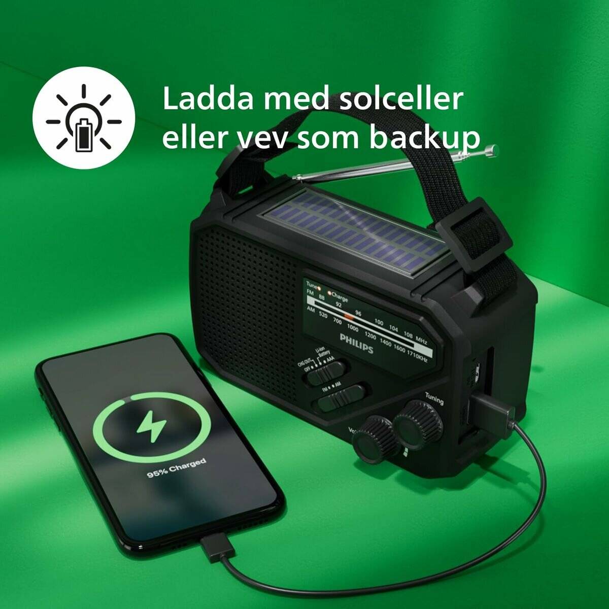 Ein solarbetriebenes Notfallradio mit Handschlaufe lädt ein Telefon über Kabel auf; der schwedische Text sagt „Mit Solarzellen oder Kurbel als Backup aufladen