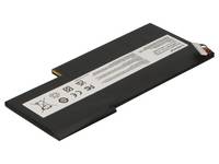 Schwarzer aufladbarer Laptop-Akku mit sichtbaren Anschlussfahnen an einem Ende.