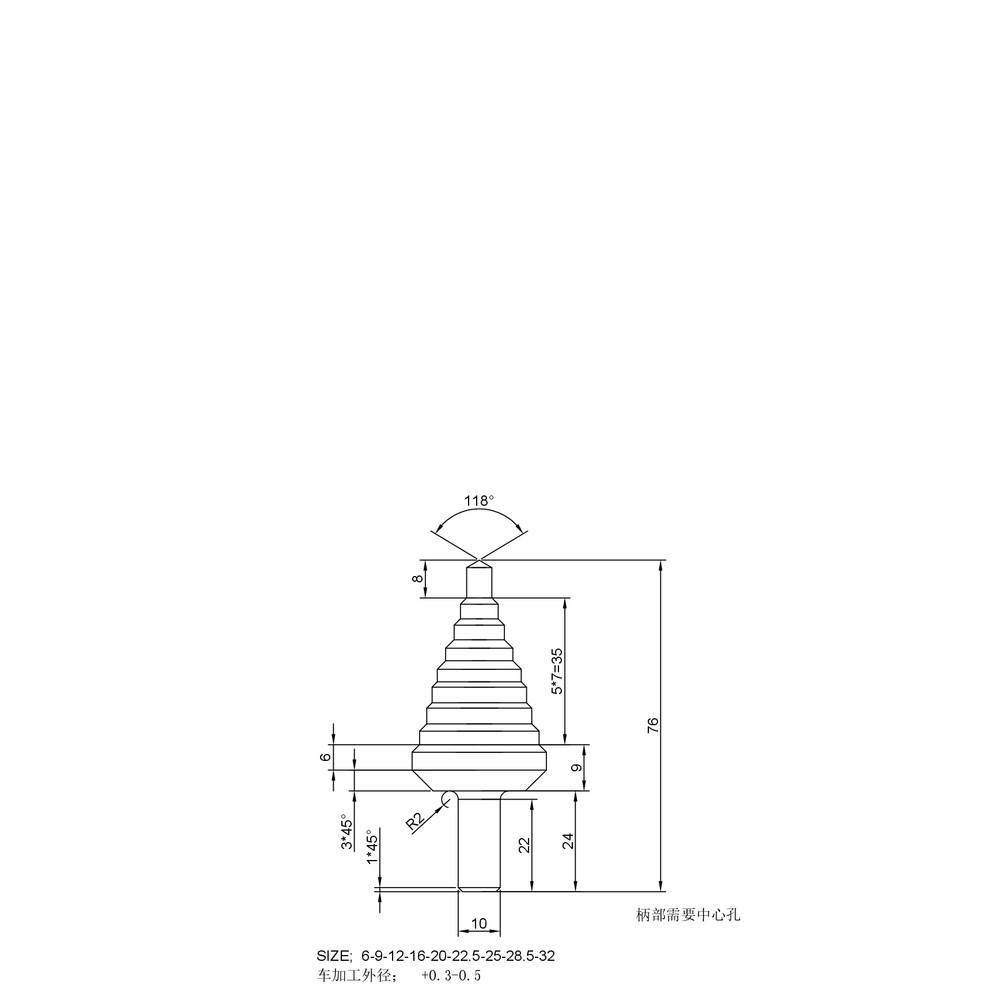PTG Stufenbohrer, HSS-G, spiralgenutet, 6-32, Länge 76 mm