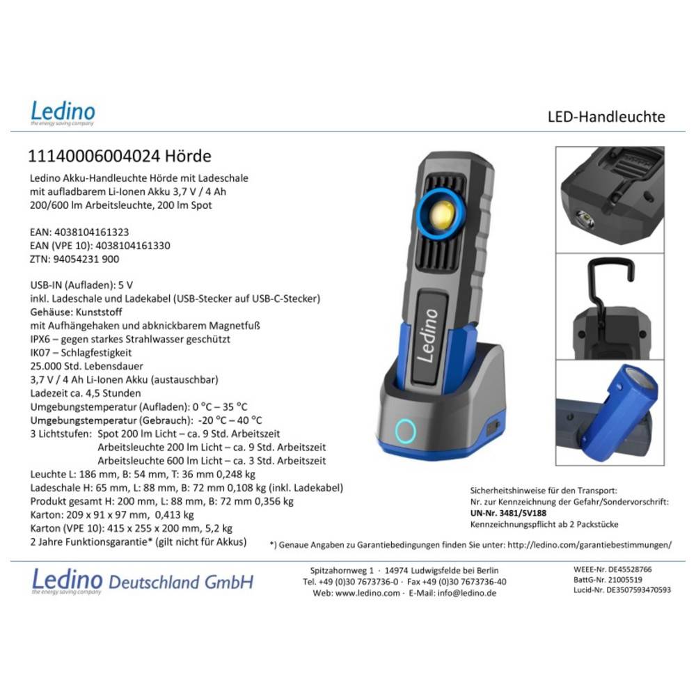 Ledino LED Akku Handlampe "Hörde" + Ladeschale 2 Lichtquellen bis 600lm, dimmbar