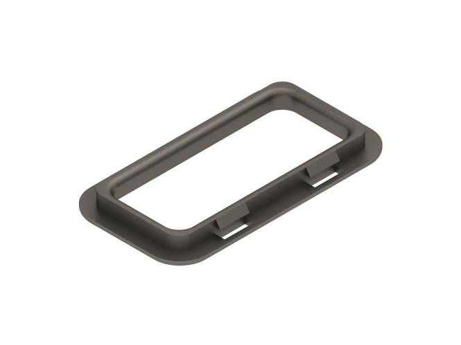 Ein rechteckiger, schwarzer Kunststoffrahmen mit abgerundeten Kanten und zwei vorstehenden Clips auf einer Seite.