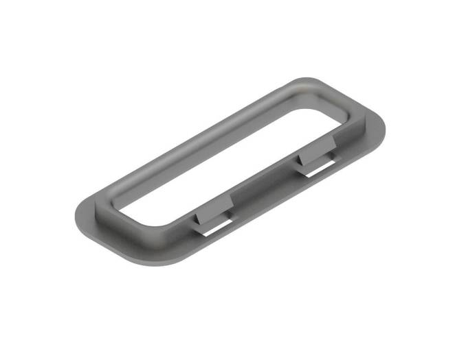 Ein rechteckiges, graues, kunststoffkomponente mit abgerundeten Kanten und Schlitzen, wahrscheinlich als Schutzrahmen oder Halterung für ein Gerät oder ein Bedienfeld verwendet.