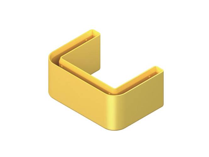 Ein gelbes, U-förmiges Objekt mit einem hohlen Zentrum und glatten Kanten auf weißem Hintergrund.