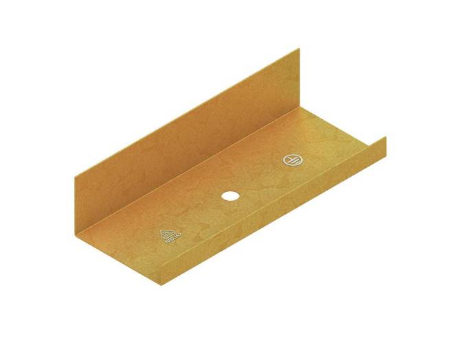 Ein flaches, L-förmiges Eckregal aus braunem strukturiertem Material mit einer kreisförmigen Aussparung in der Mitte zu Befestigungszwecken.