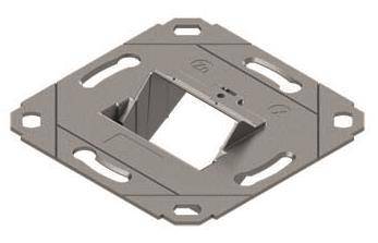 Eine quadratische Metallhalterung mit einer zentralen Öffnung und vier Schraubenschlitzen, die zum Montieren oder Befestigen von Geräten auf verschiedenen Oberflächen entwickelt wurde.