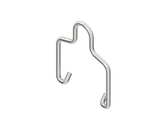 Ein Silbermetall-Drahthaken mit einer einzigartigen, geschwungenen Form, der zum Aufhängen von Objekten konzipiert ist.