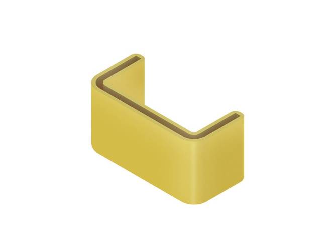 Ein gelbes dreidimensionales L-förmiges Halterungsstück oder eine Halterung mit abgerundeten Kanten, aus einem hohen Blickwinkel betrachtet, vor einem weißen Hintergrund.