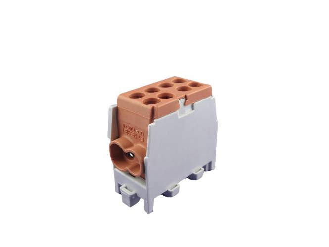 Ein Kunststoff-Verbindungsblock mit acht Löchern auf der Oberseite, entwickelt zum Fixieren von elektrischen Drähten, mit kompakten, rechteckigen Abmessungen.