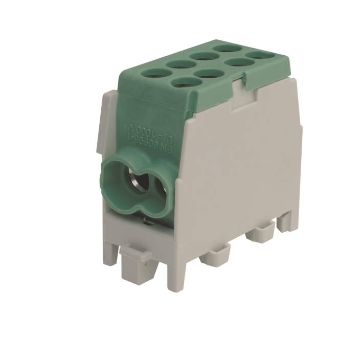 Ein grünes und graues Klemmblöck mit mehreren Anschlussöffnungen, konzipiert für sichere Verdrahtung in elektrischen Installationen.