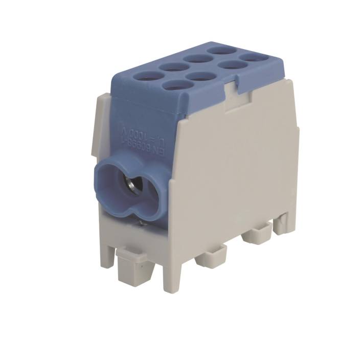 Ein blau-grauer Klemmleistenverbinder mit sechs Eingangslöchern, auf einer flachen Oberfläche montiert, wird für elektrische Verdrahtungsverbindungen verwendet.