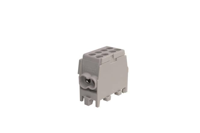 Ein grauer Elektrostecker-Block mit mehreren Löchern oben, entworfen für mehrere Drahtverbindungen. Geeignet zum Organisieren elektrischer Schaltkreise.