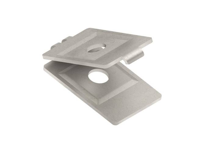 Metallische Halterung zum Montieren oder Sichern von Materialien, bestehend aus zwei ineinandergreifenden Teilen mit einem zentralen Loch zum Befestigen.