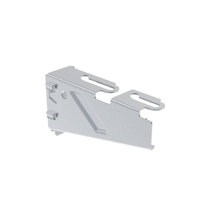 Metallhalter mit zwei Befestigungslöchern und einer diagonalen Stützrippe, verwendet zum Befestigen und Abstützen von Konstruktionen.