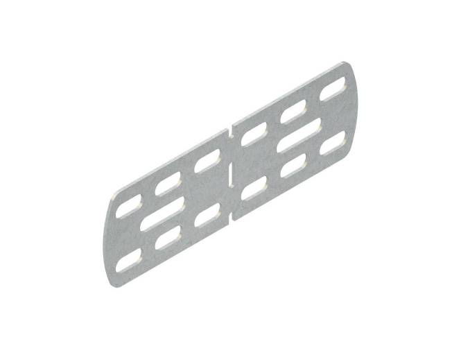 Eine rechteckige Metallscharnierkplatte mit mehreren horizontal angeordneten Schlitzen, die gleichmäßig über ihre Oberfläche verteilt sind.