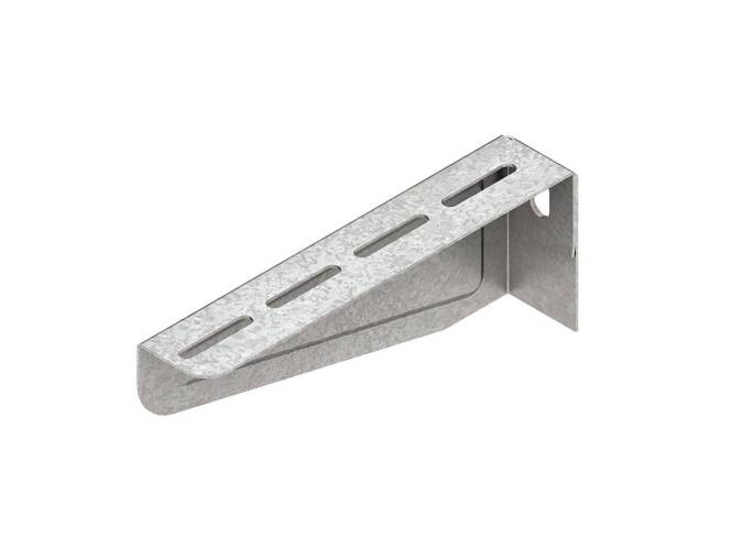 Eine Metallhalterung mit durchlochtem Design, wahrscheinlich zur Montage oder Unterstützung von Regalen oder ähnlichen Strukturen verwendet.