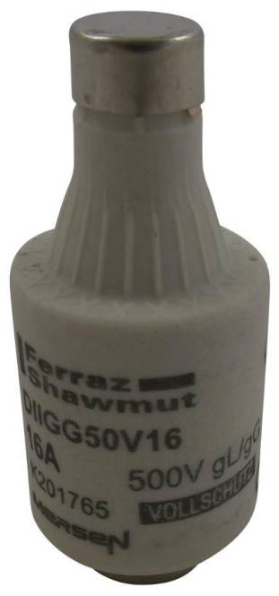 Eine Nahaufnahme einer Ferraz Shawmut-Sicherung mit der Markierung 'DIGG50V6' und '10 A', die anzeigt, dass es sich um eine 10-Ampere-Sicherung handelt.